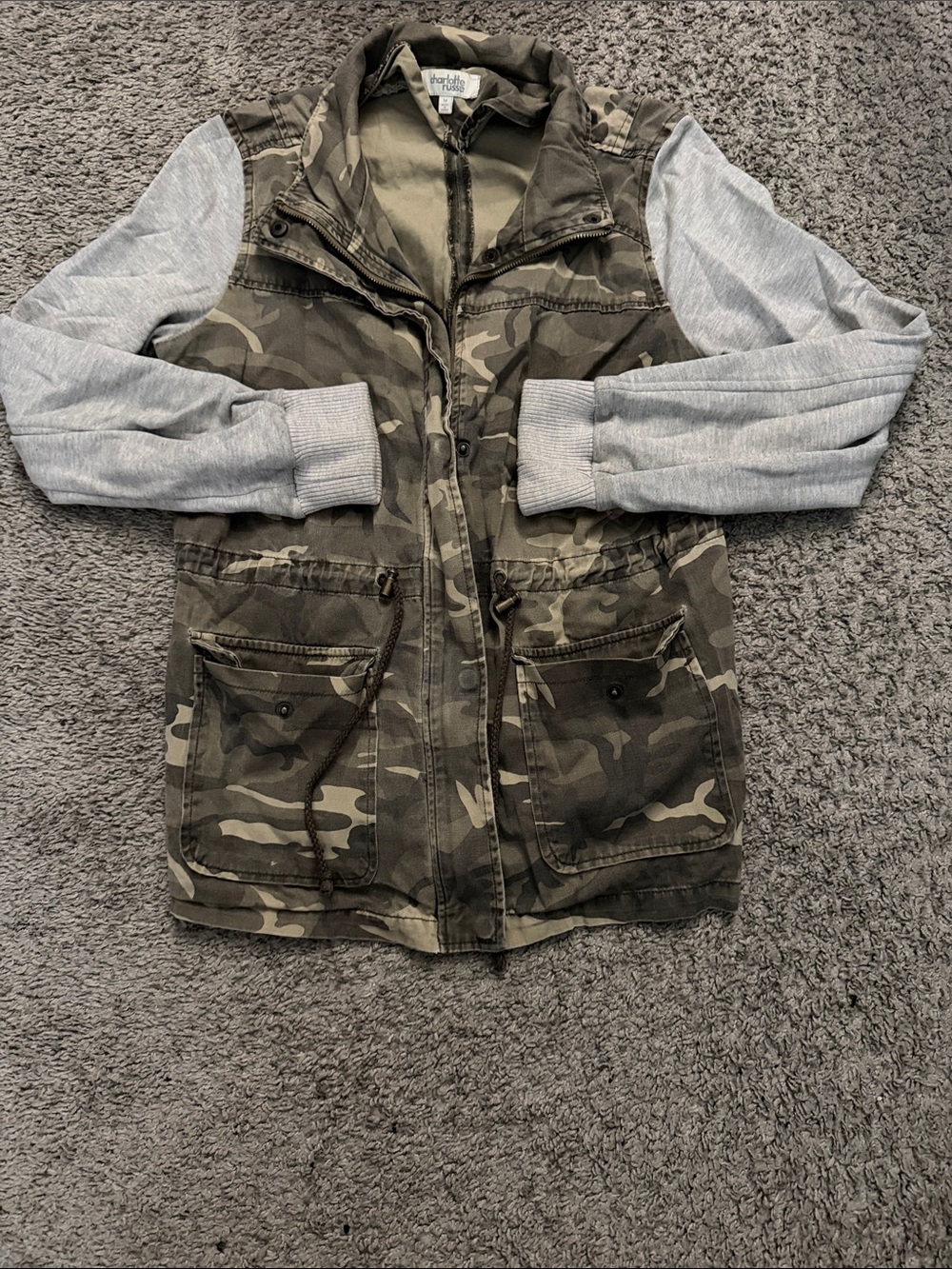 Charlotte Russe Camo Utility Jacket with Light Gray Knit Sleeves - Picture 2 of 8
